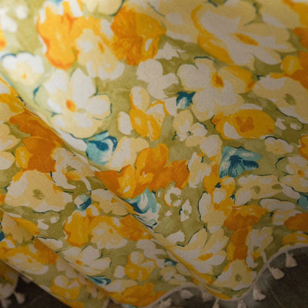 YellowFlair: Country Style Curtain with Floral Structure & Tassels – Light Filtering & Charming for Dining Rooms