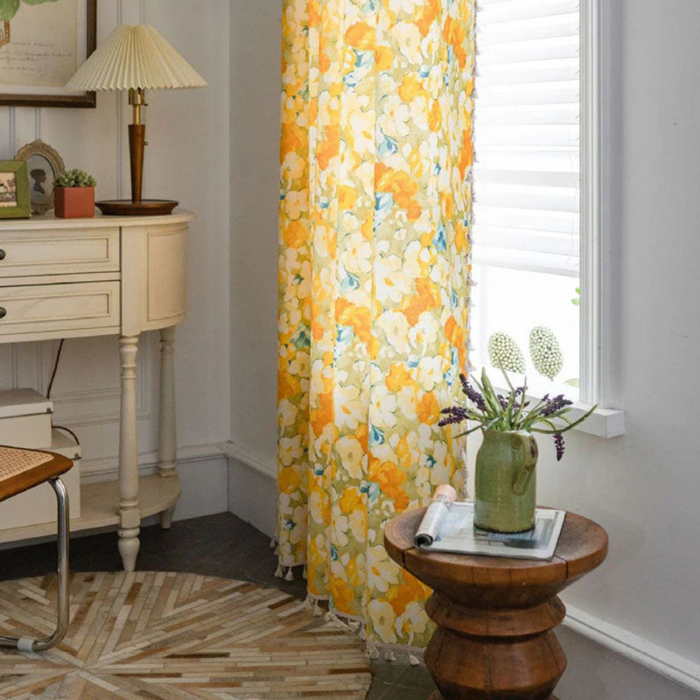 YellowFlair: Country Style Curtain with Floral Structure & Tassels – Light Filtering & Charming for Dining Rooms