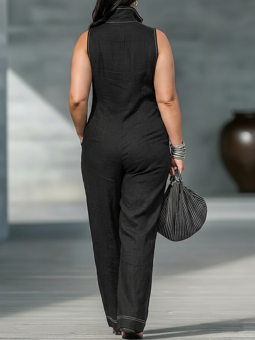 Effortless Wide-Leg Jumpsuit for Women Sleeveless Zip-Front Contrast-Stitch