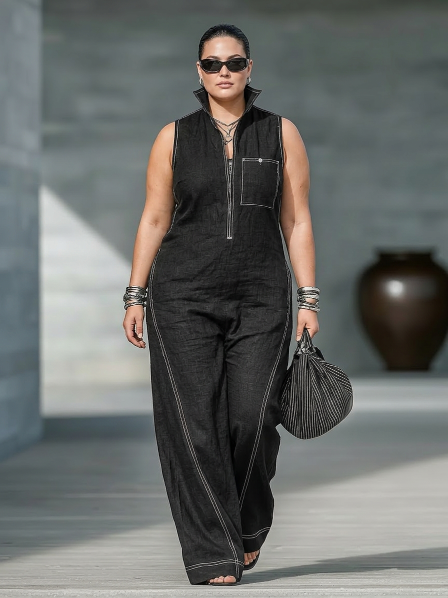 Effortless Wide-Leg Jumpsuit for Women Sleeveless Zip-Front Contrast-Stitch