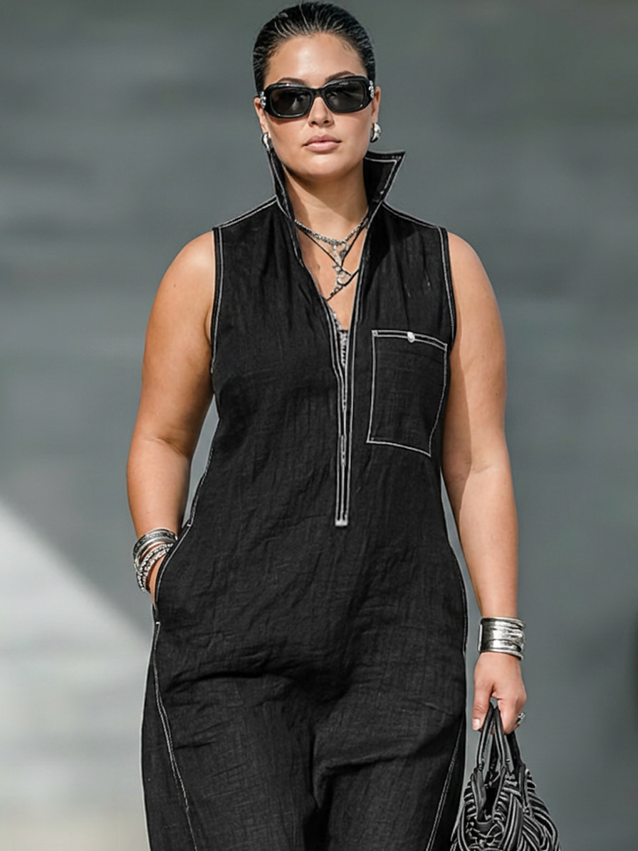 Effortless Wide-Leg Jumpsuit for Women Sleeveless Zip-Front Contrast-Stitch