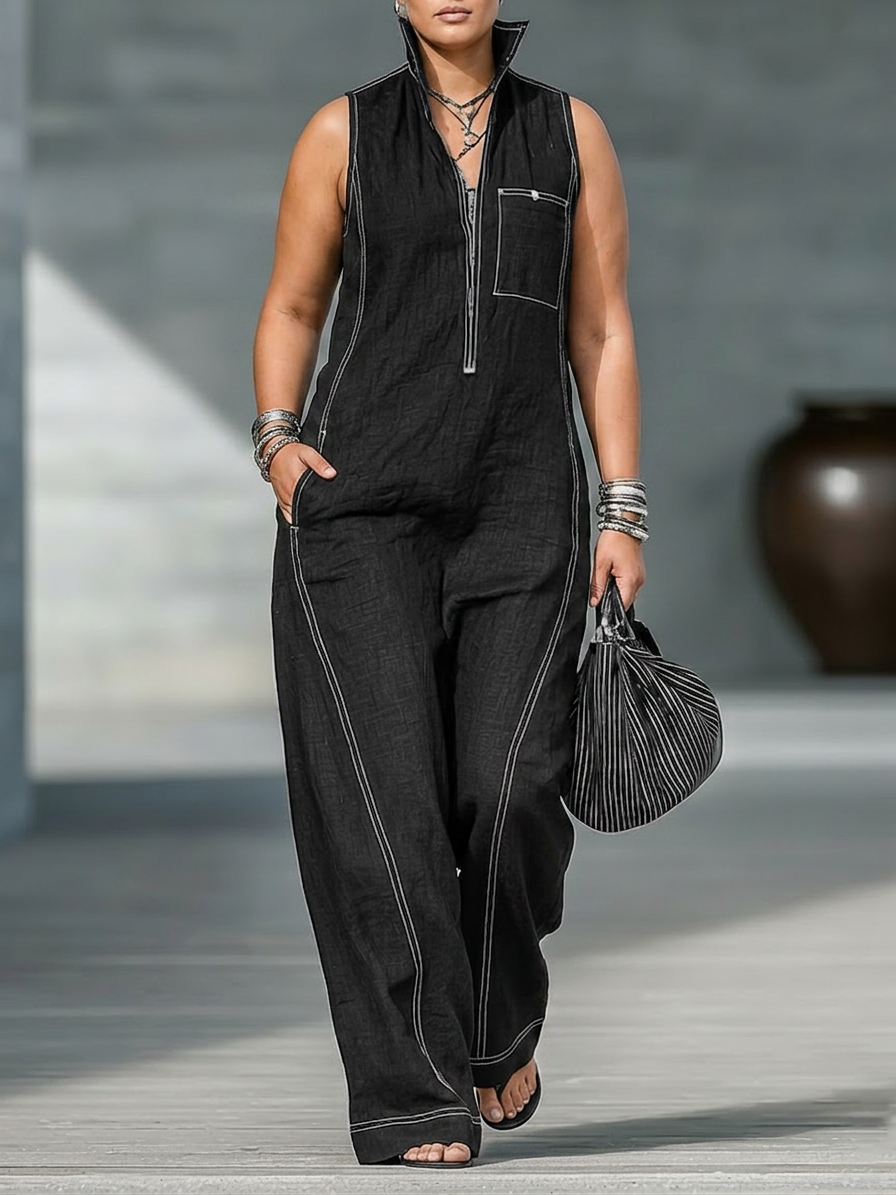 Effortless Wide-Leg Jumpsuit for Women Sleeveless Zip-Front Contrast-Stitch