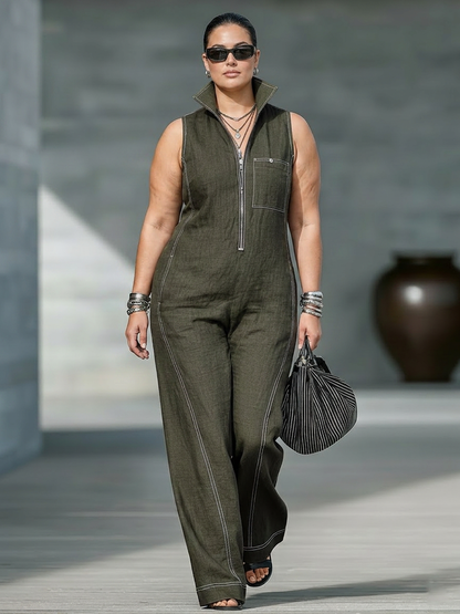 Effortless Wide-Leg Jumpsuit for Women Sleeveless Zip-Front Contrast-Stitch