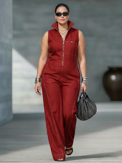Effortless Wide-Leg Jumpsuit for Women Sleeveless Zip-Front Contrast-Stitch