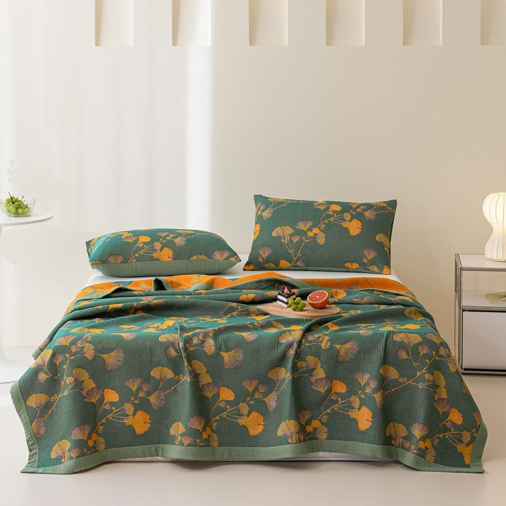 GinkLoom: Reversible Cotton Blanket with Jacquard Ginkgo Pattern & Elegant Texture – for Bedroom & Living Room
