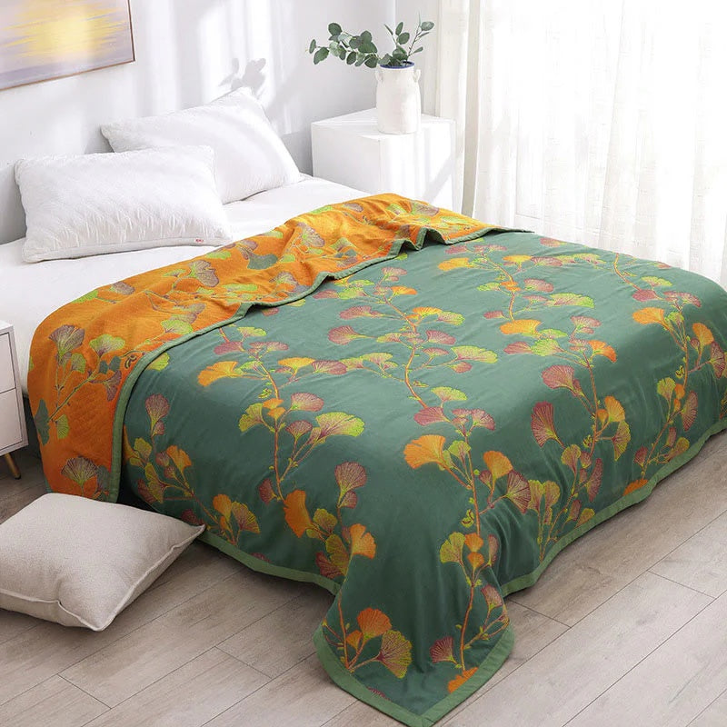 GinkLoom: Reversible Cotton Blanket with Jacquard Ginkgo Pattern & Elegant Texture – for Bedroom & Living Room