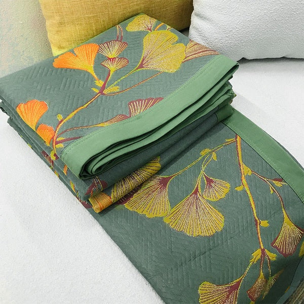 GinkLoom: Reversible Cotton Blanket with Jacquard Ginkgo Pattern & Elegant Texture – for Bedroom & Living Room