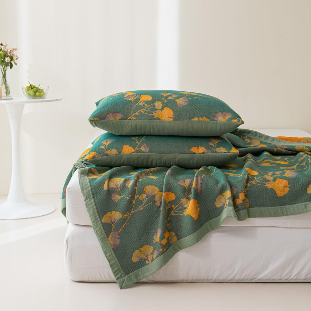 GinkLoom: Reversible Cotton Blanket with Jacquard Ginkgo Pattern & Elegant Texture – for Bedroom & Living Room
