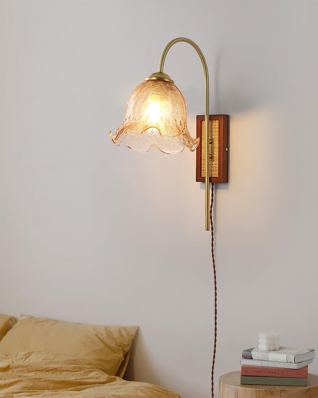 Amber Floral Glass Plug-In Wall Sconce with Bamboo
