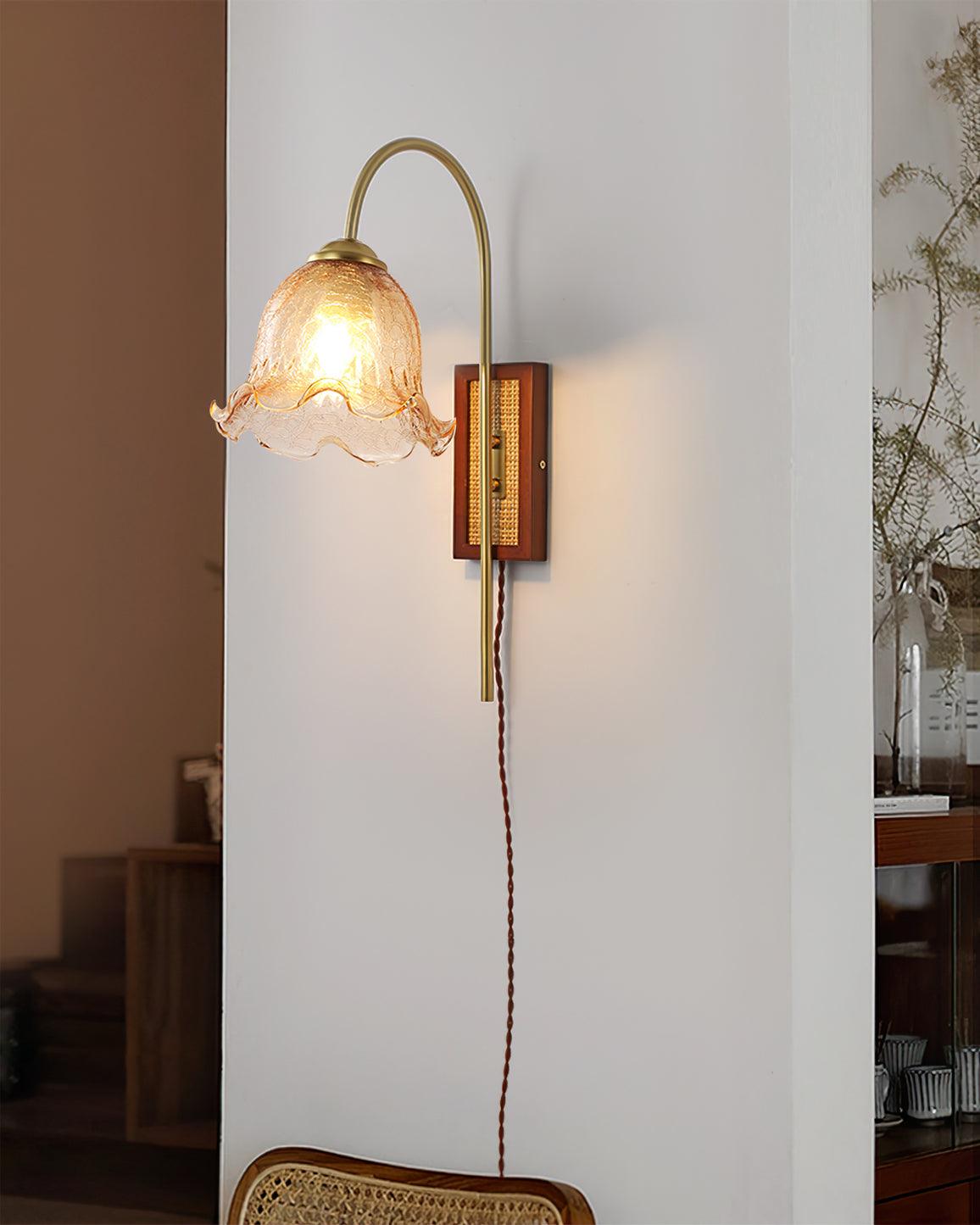 Amber Floral Glass Plug-In Wall Sconce with Bamboo