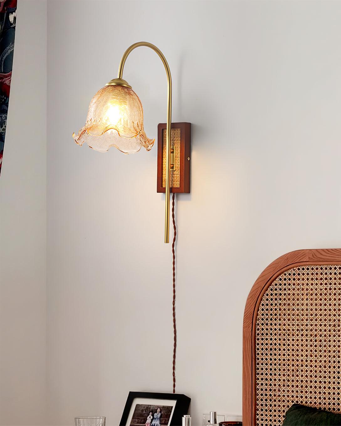 Amber Floral Glass Plug-In Wall Sconce with Bamboo