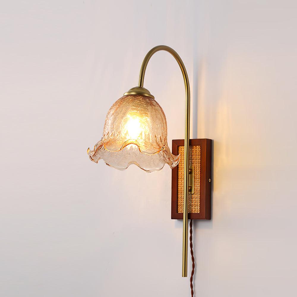 Amber Floral Glass Plug-In Wall Sconce with Bamboo