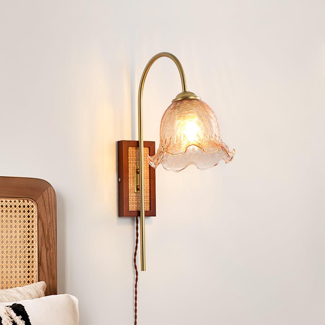 Amber Floral Glass Plug-In Wall Sconce with Bamboo