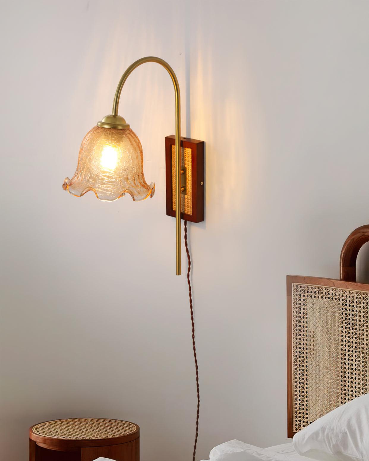 Amber Floral Glass Plug-In Wall Sconce with Bamboo