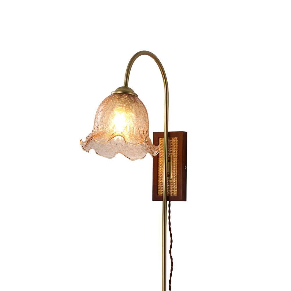 Amber Floral Glass Plug-In Wall Sconce with Bamboo
