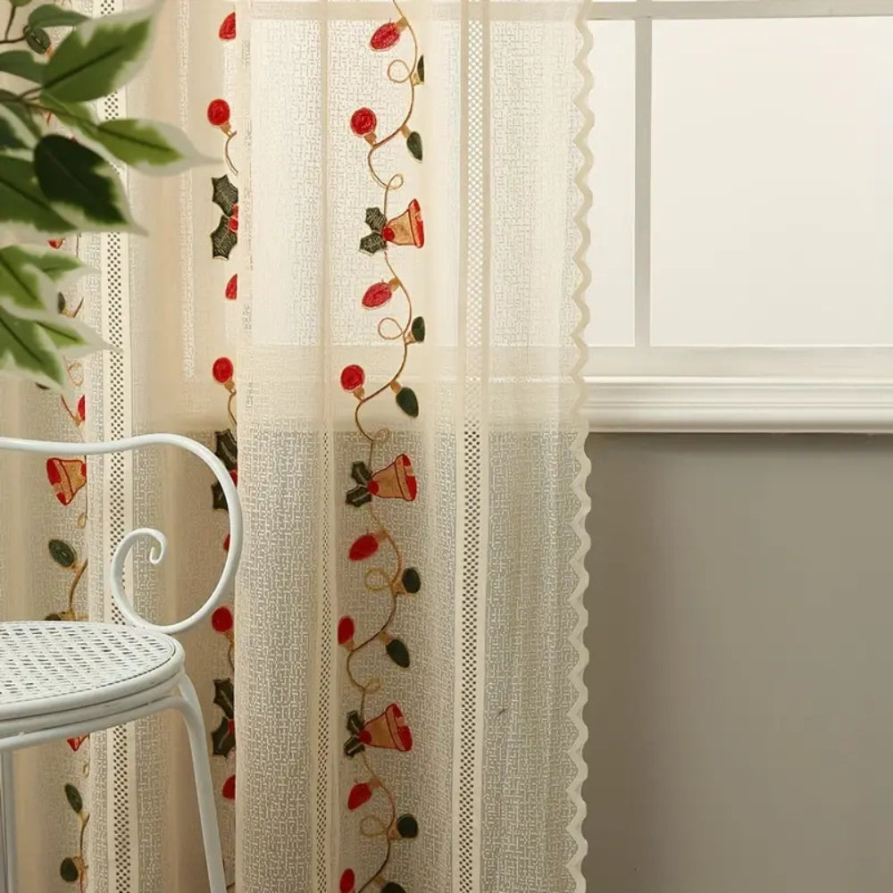 Bell Festival: Red Curtains with Christmas Motif – Semi-Transparent & Decorative for Living Room