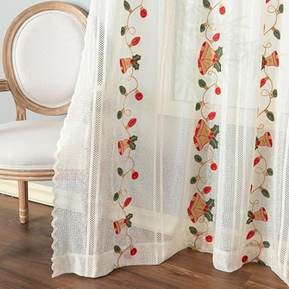 Bell Festival: Red Curtains with Christmas Motif – Semi-Transparent & Decorative for Living Room