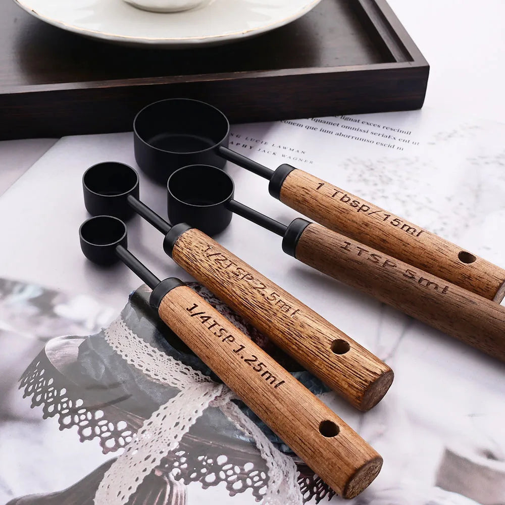 Gold Stainless Steel Measuring Cups and Spoons Set with Wooden Handles – 4 Measuring Cups and 4 Measuring Spoons