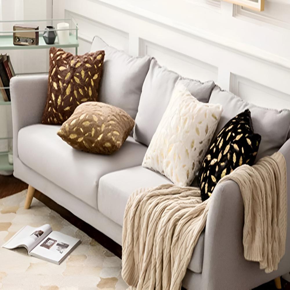 Velvet Cushion Cover Gold Leaf Print Bamboo Rayon Decorative Throw Pillow Cover