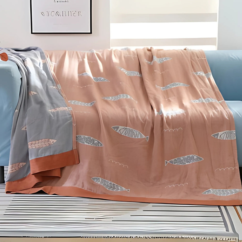 GoldenFish: Reversible Cotton Blanket with Fish Pattern & Light Texture – for Bed & Sofa