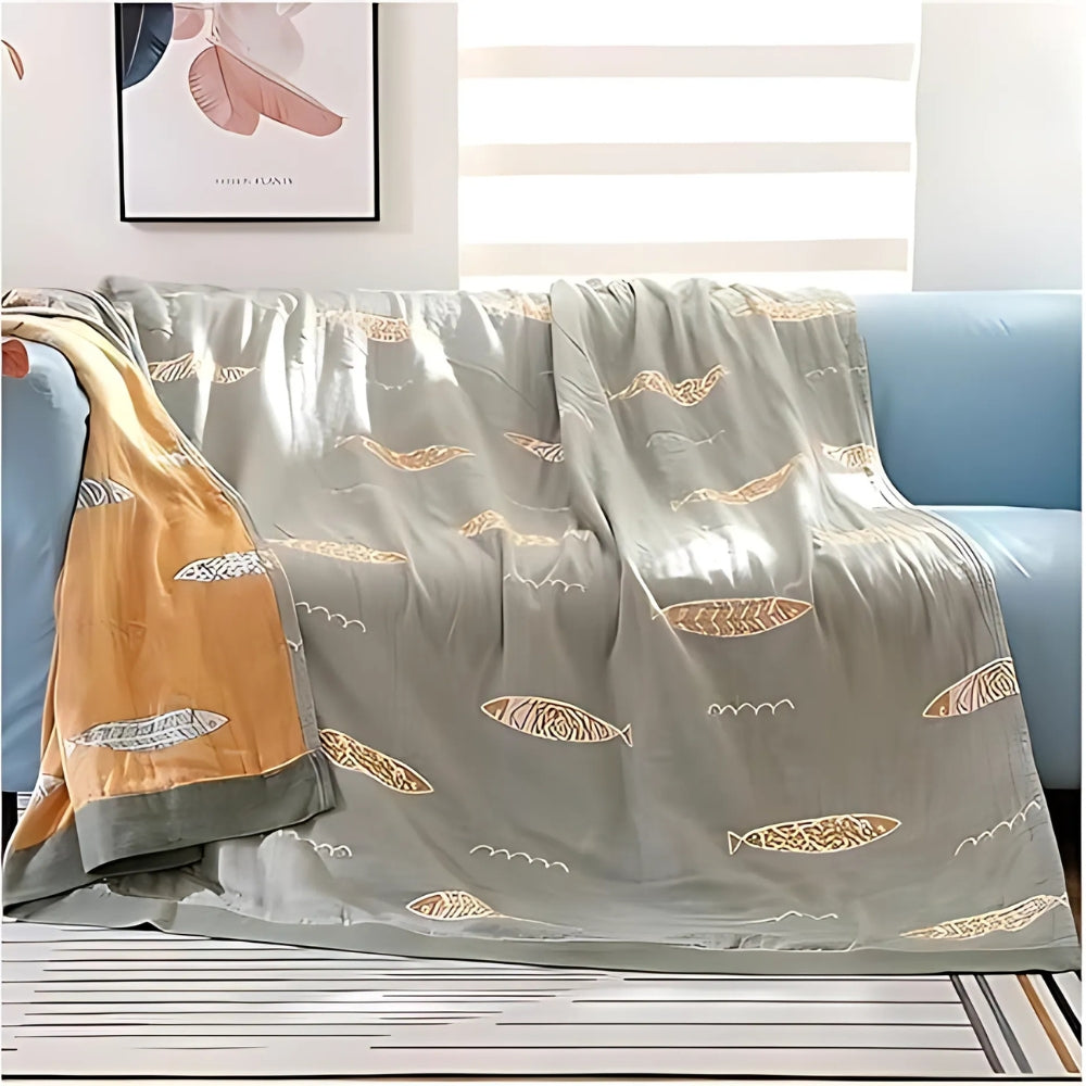 GoldenFish: Reversible Cotton Blanket with Fish Pattern & Light Texture – for Bed & Sofa