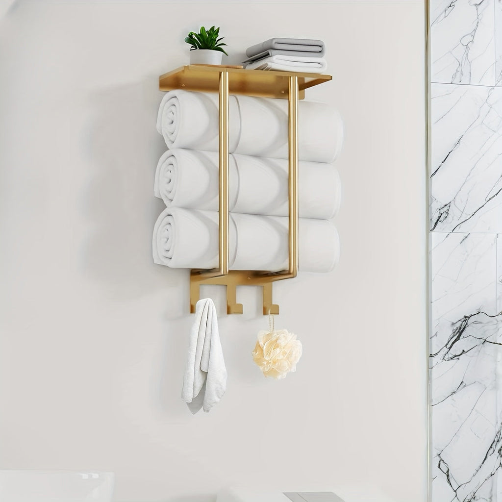 GoldenerRand: Towel Holder for Bathroom – modern wall mount made of stainless steel with gold pipes, multifunctional & durable for bathroom organization