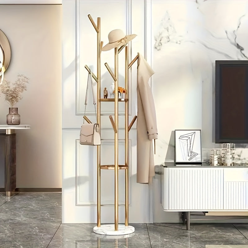 GoldenStand: Freestanding Clothes Rack – Modern Metal Frame with Marble Base, Durable & Stylish for Coats & Bags