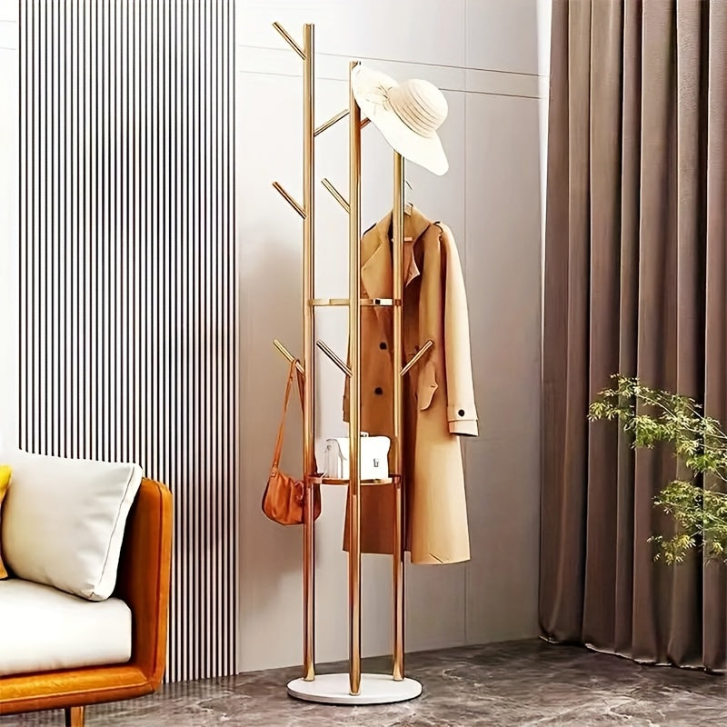 GoldenStand: Freestanding Clothes Rack – Modern Metal Frame with Marble Base, Durable & Stylish for Coats & Bags