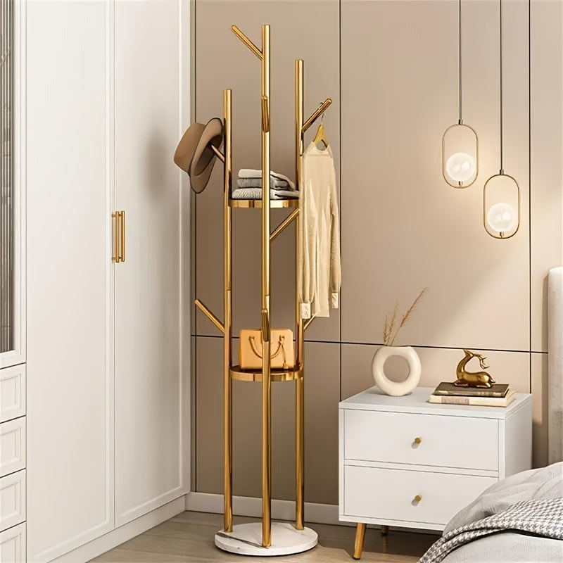 GoldenStand: Freestanding Clothes Rack – Modern Metal Frame with Marble Base, Durable & Stylish for Coats & Bags