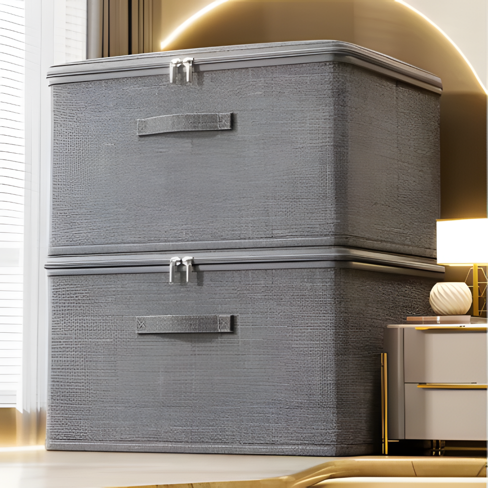 Fabric Storage Box, Gray Color, Foldable Design, Lid Closure
