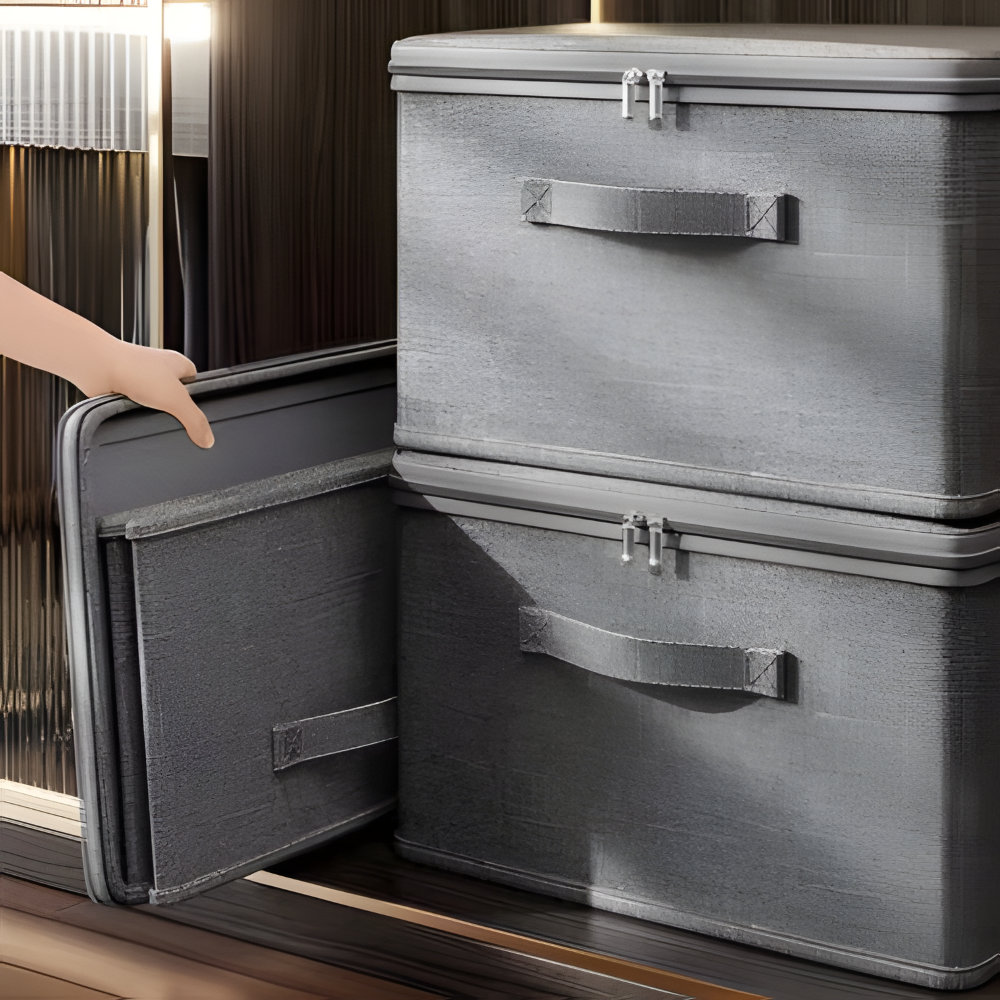 Fabric Storage Box, Gray Color, Foldable Design, Lid Closure