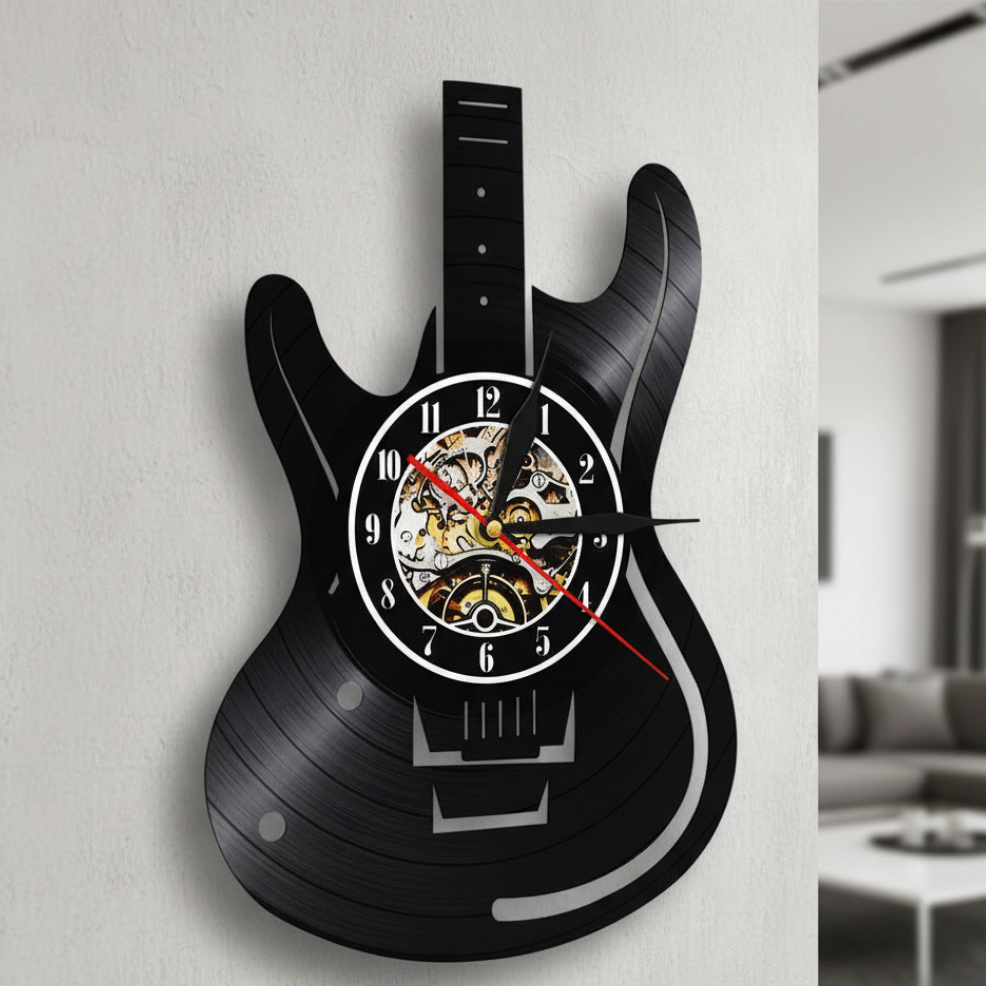 Vinyl Wall Clock Guitar Record Design Analog Decorative Music Theme Home Wall Decor