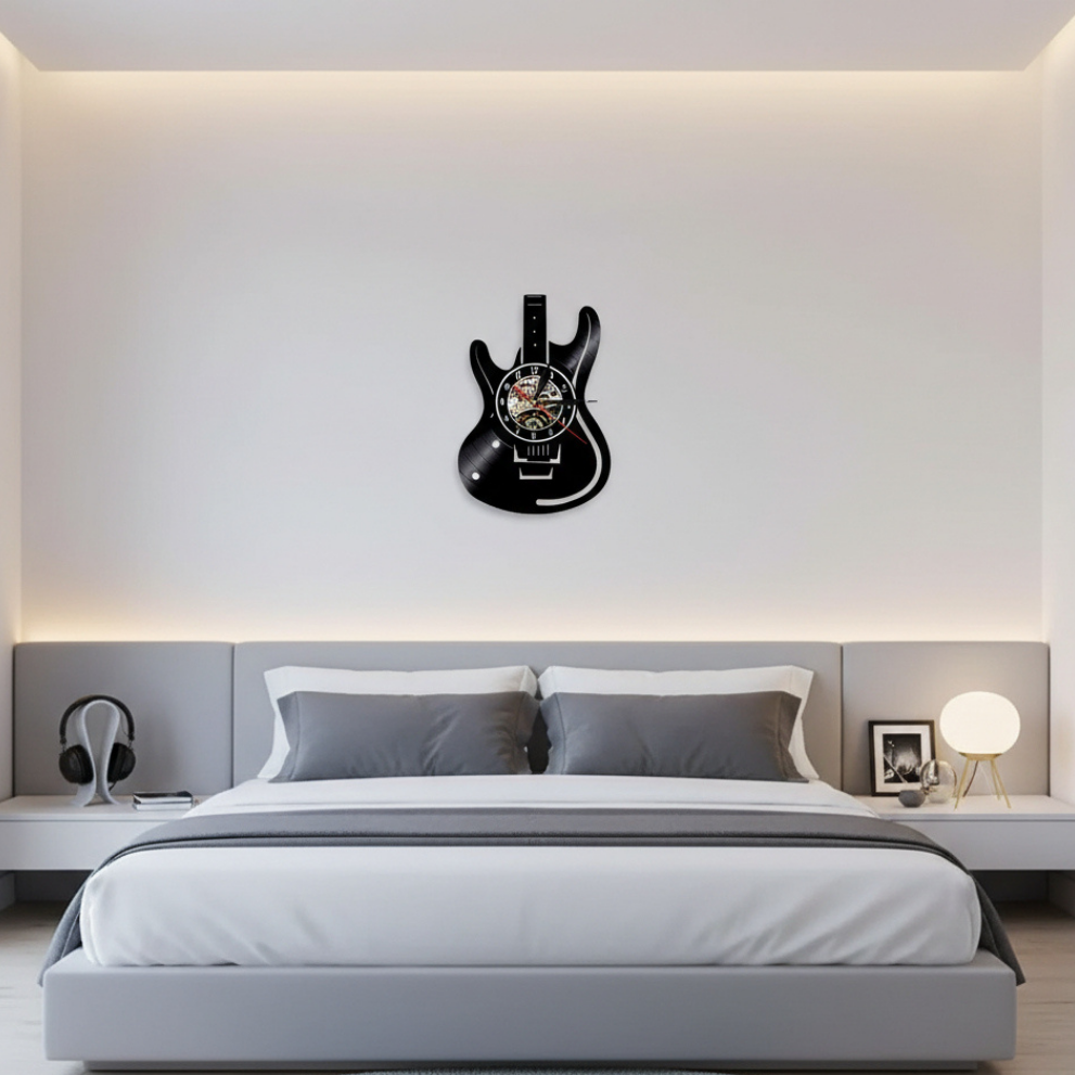 Vinyl Wall Clock Guitar Record Design Analog Decorative Music Theme Home Wall Decor