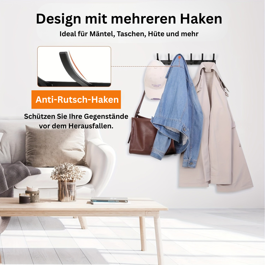 HakenStil: Wall-Mounted Clothes Rack – Modern Aluminum Design, Sturdy & Space-Saving with 6 Hooks for Clothing & Accessories