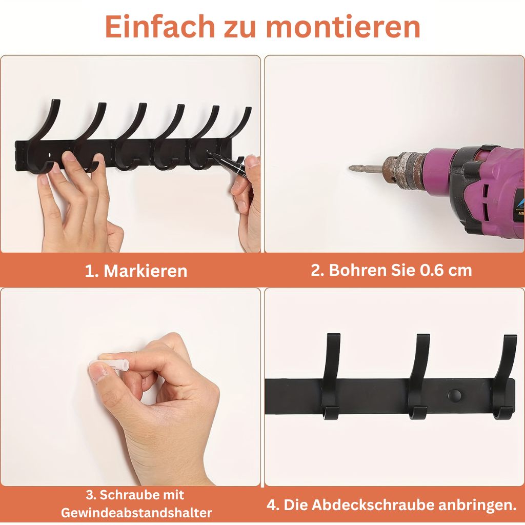 HakenStil: Wall-Mounted Clothes Rack – Modern Aluminum Design, Sturdy & Space-Saving with 6 Hooks for Clothing & Accessories