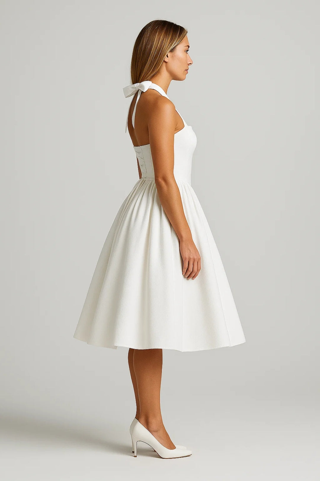 Halter Neck Midi Dress with Pleated Skirt and Pockets