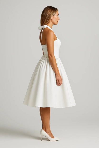 Halter Neck Midi Dress with Pleated Skirt and Pockets
