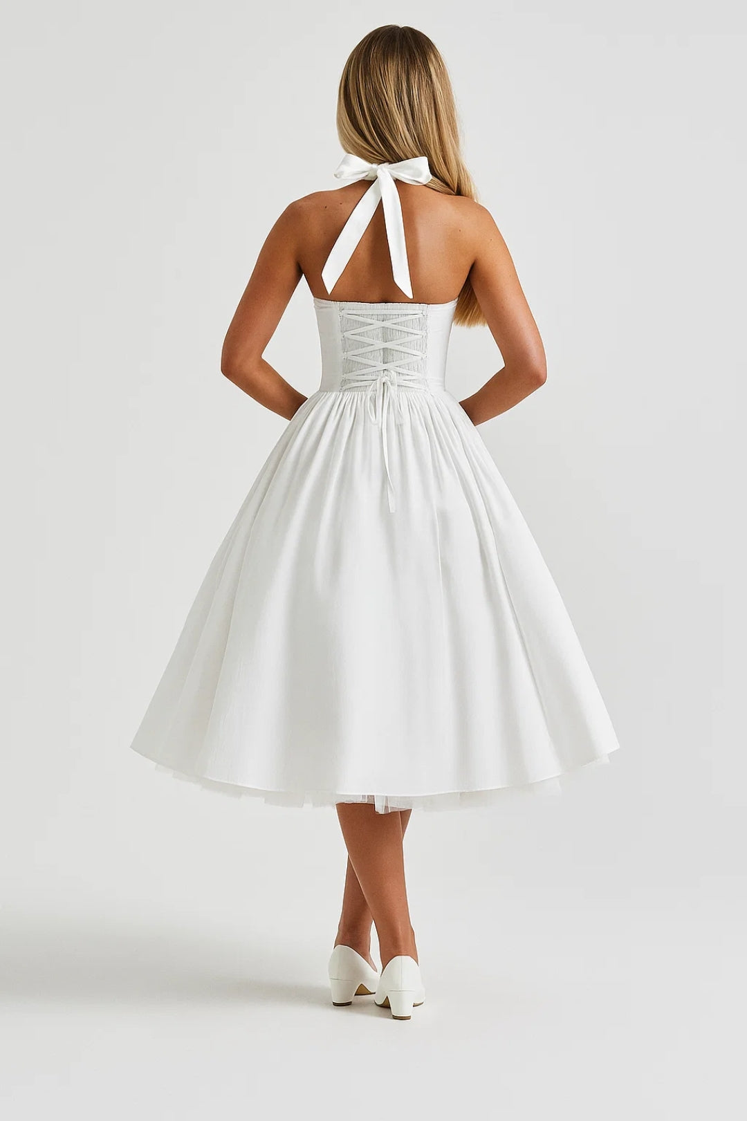 Halter Neck Midi Dress with Pleated Skirt and Pockets