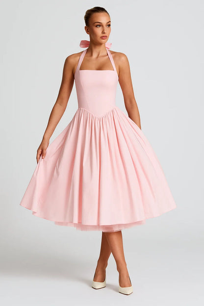 Halter Neck Midi Dress with Pleated Skirt and Pockets