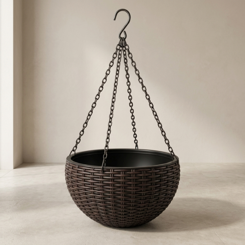 Hanging Planter Resin Rattan Look Round Design Iron Chain