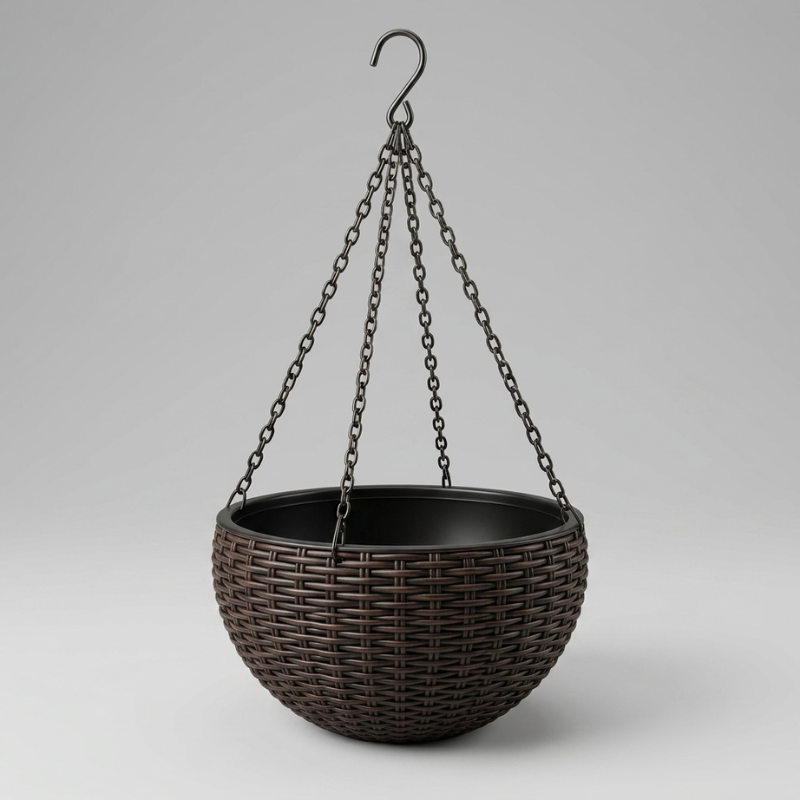 Hanging Planter Resin Rattan Look Round Design Iron Chain