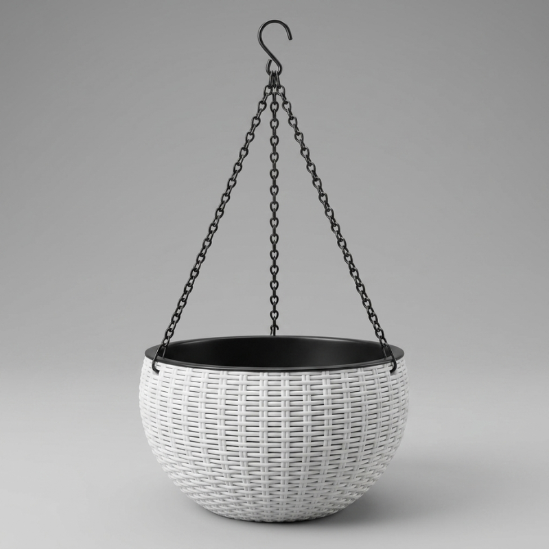 Hanging Planter Resin Rattan Look Round Design Iron Chain