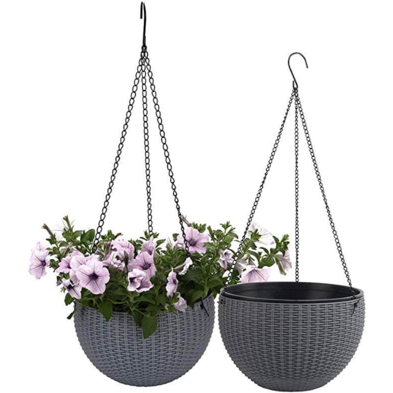 Hanging Planter Resin Rattan Look Round Design Iron Chain