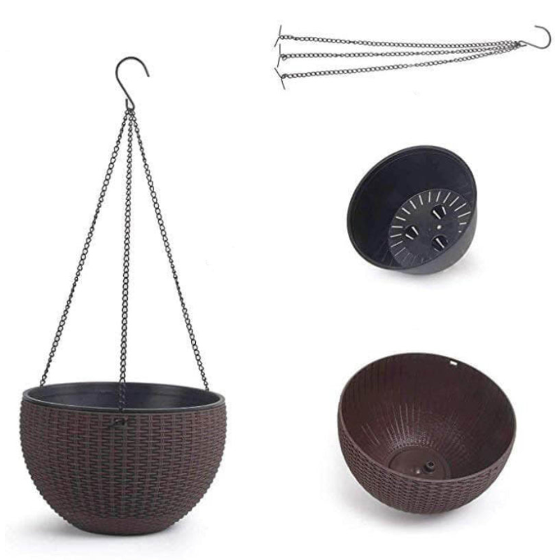 Hanging Planter Resin Rattan Look Round Design Iron Chain