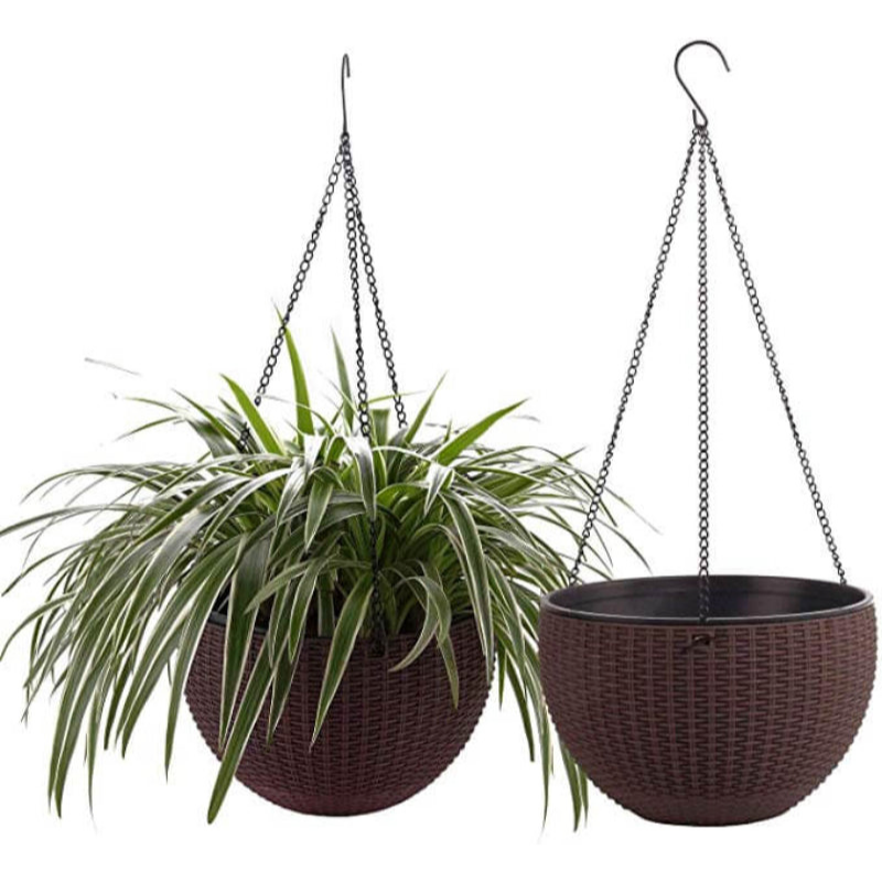 Hanging Planter Resin Rattan Look Round Design Iron Chain
