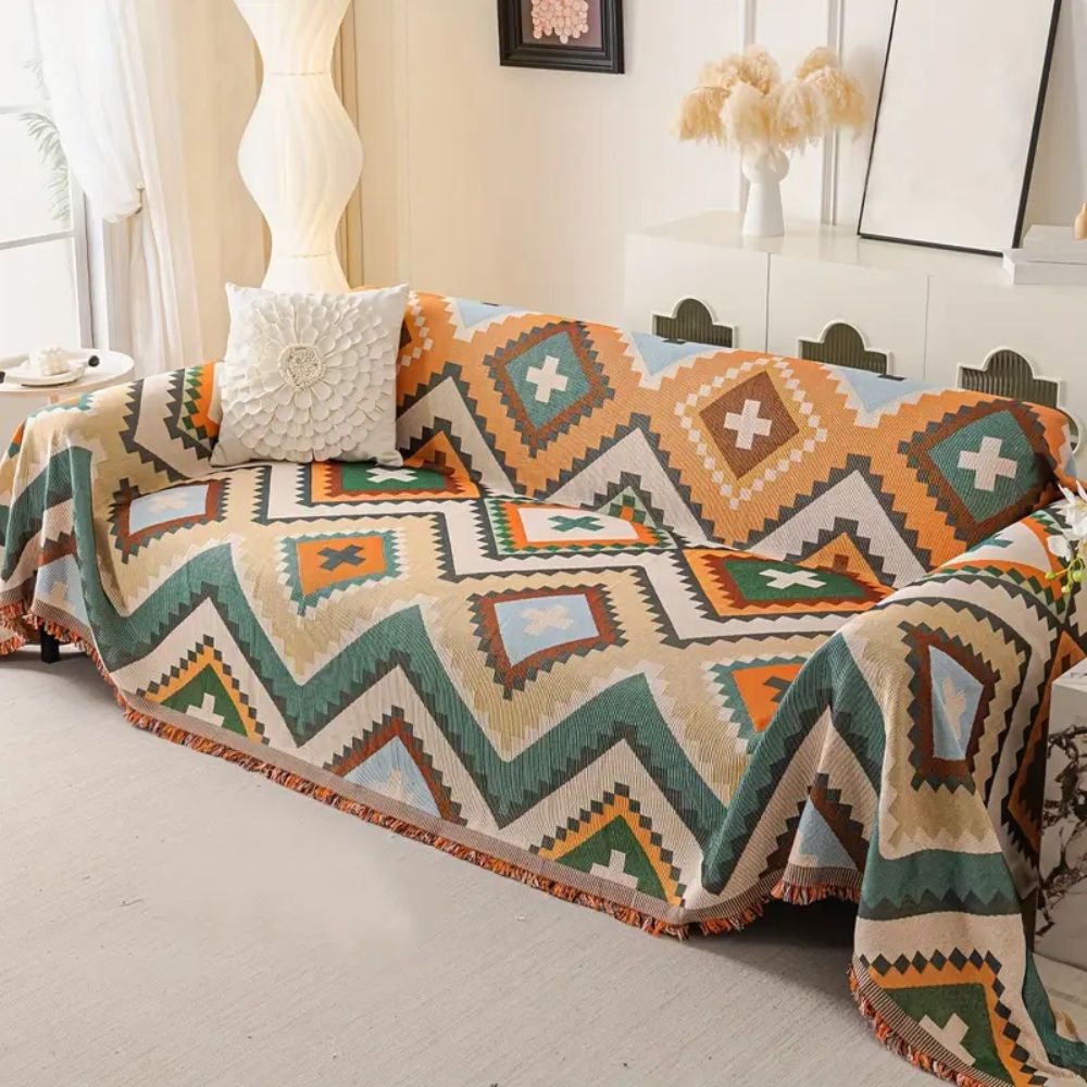 HarmoniaAztec: Sofa Cover in Decorative Chenille Style with Woven Surface & Colorful Look – for Sofa & Living Room