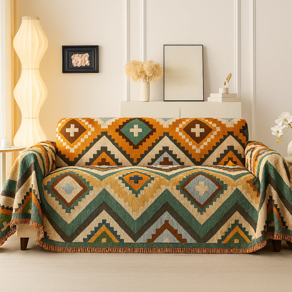 HarmoniaAztec: Sofa Cover in Decorative Chenille Style with Woven Surface & Colorful Look – for Sofa & Living Room