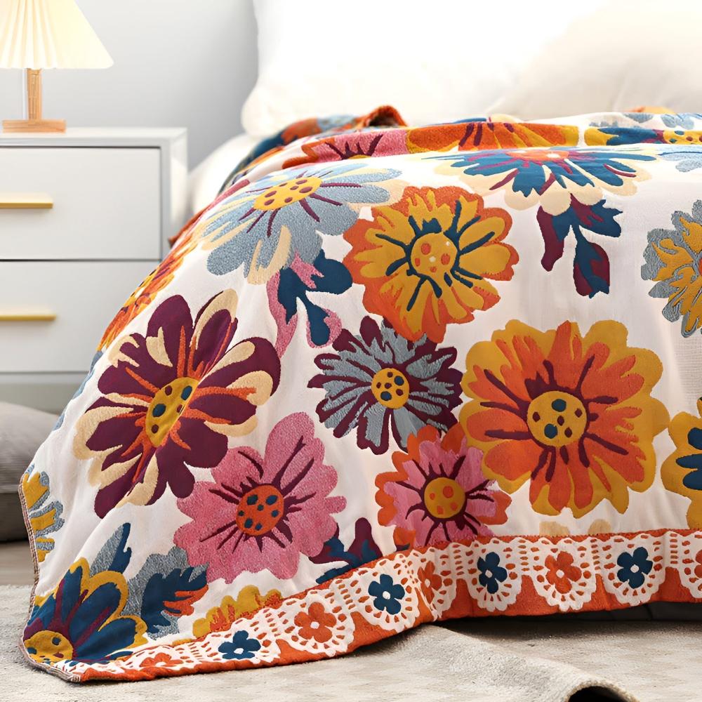 Bright Blossom: Organic Cotton Blanket with Floral Pattern & Reversible Texture – for Bed & Couch