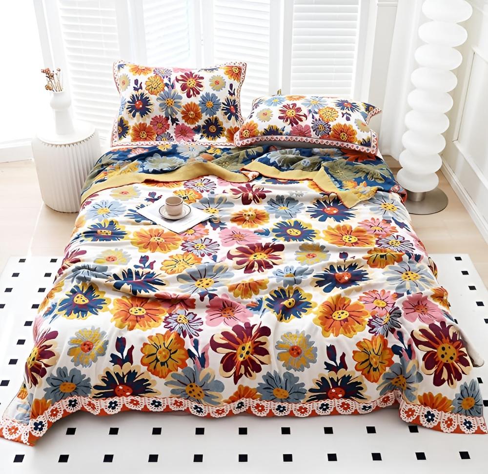Bright Blossom: Organic Cotton Blanket with Floral Pattern & Reversible Texture – for Bed & Couch