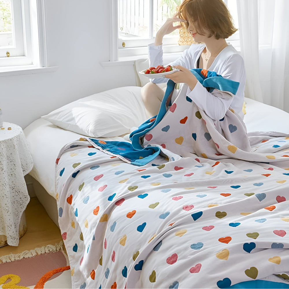 HeartJoy: Cotton Blankets in Reversible Style with Colorful Heart Print & Soft Texture – for Sofa & Bed